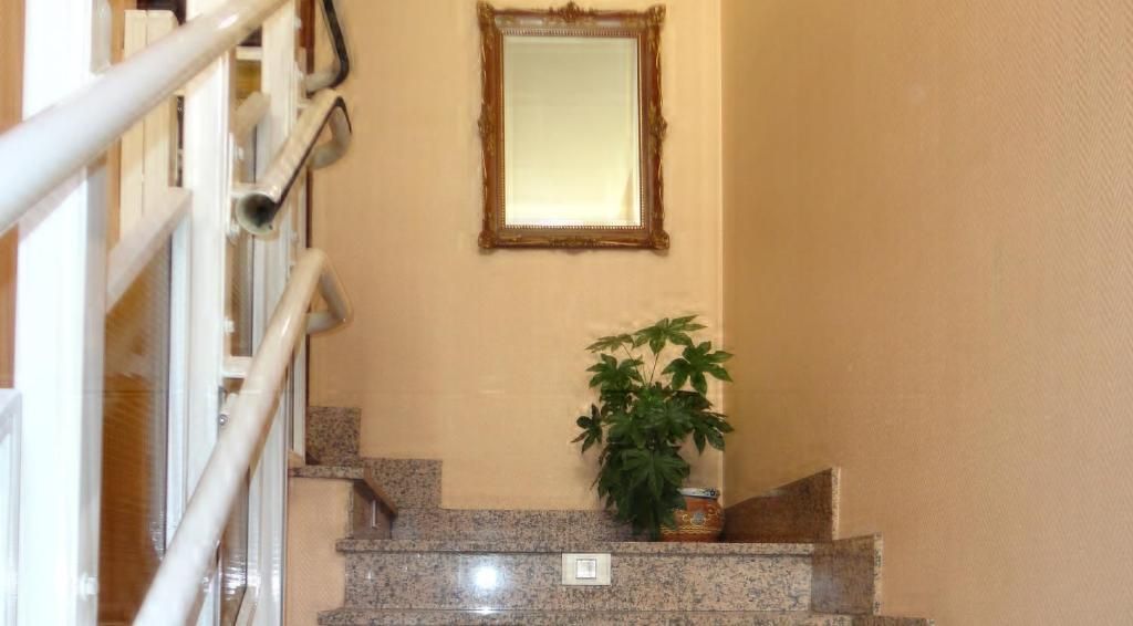 Escalera interior con escalones de granito, un espejo de pared y una planta en maceta en el rellano.