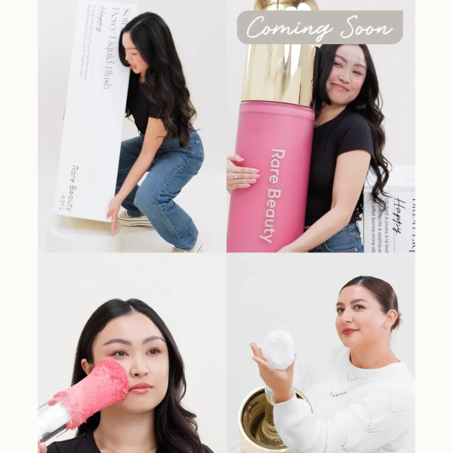 A collage showing people interacting with giant replicas of Rare Beauty products, with a