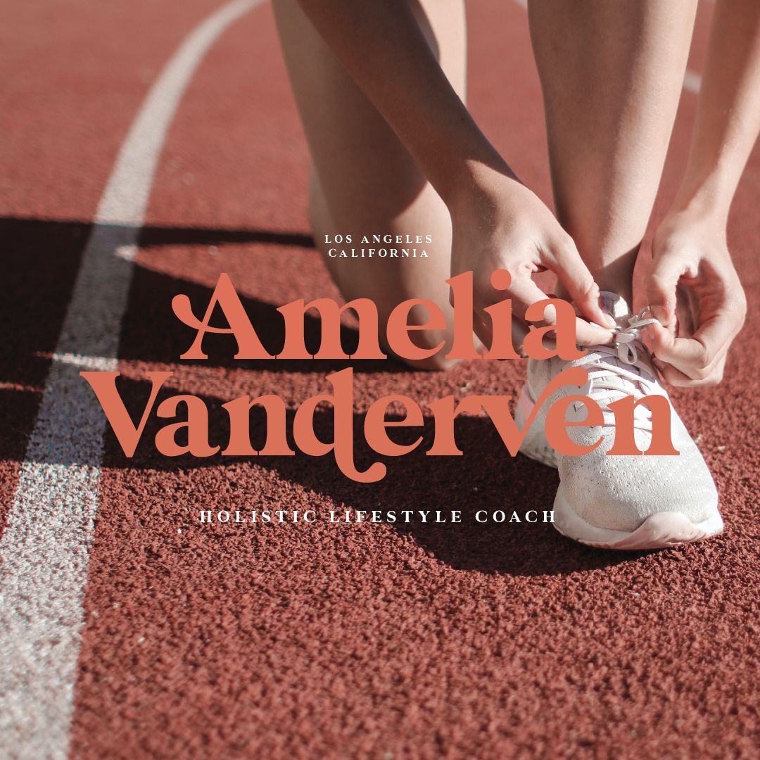 A woman tying her shoelaces on a track with the name amelia vanderven