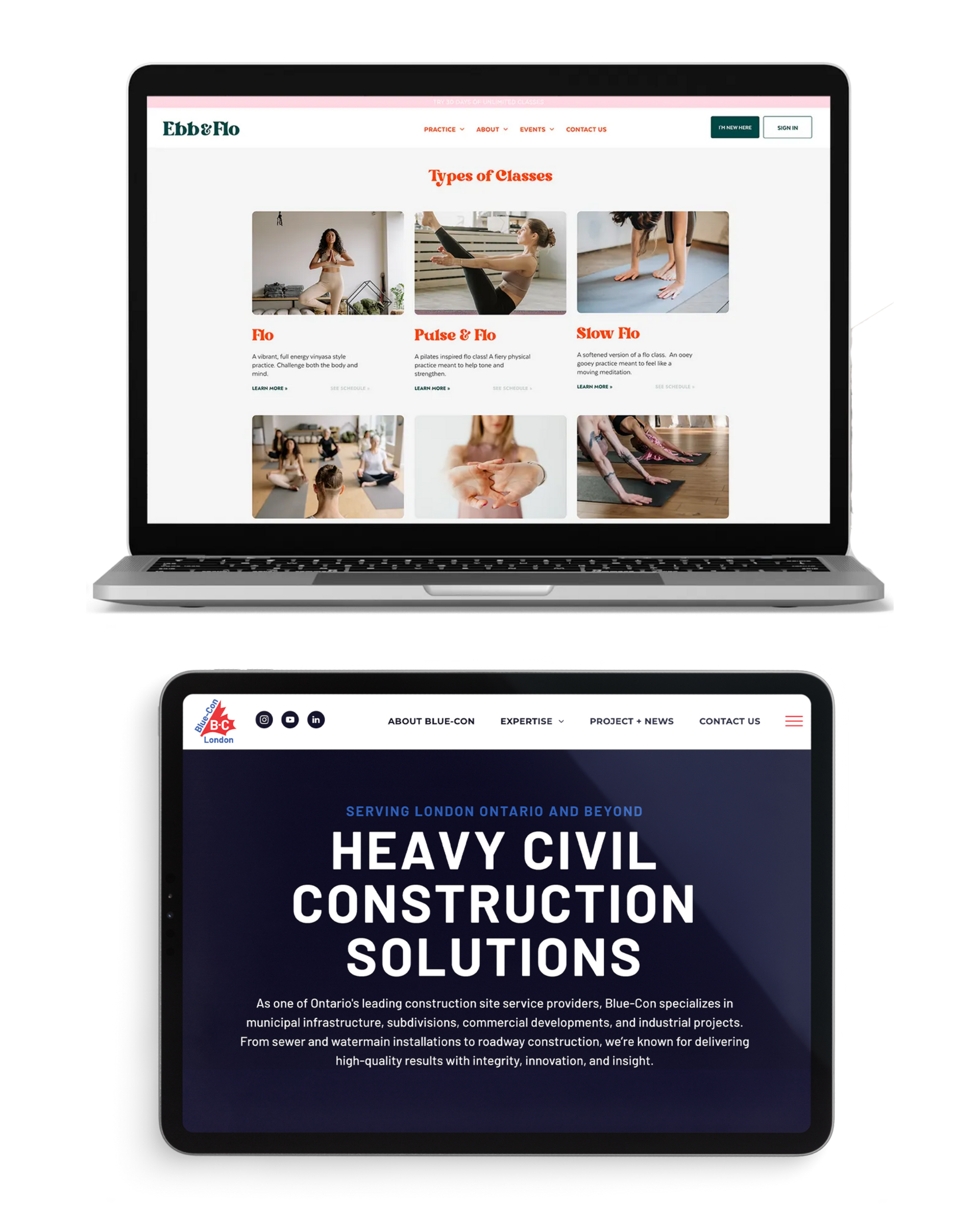 Website design examples for a construction company and yoga studio by Lume Creative, London Ontario