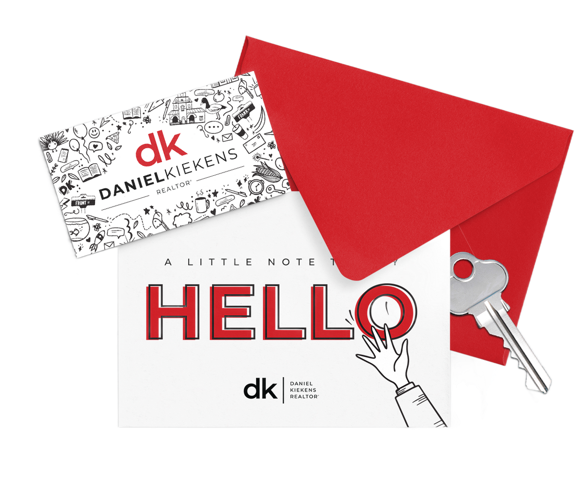 A red envelope, a business card with a doodle pattern, a key, and a card reading