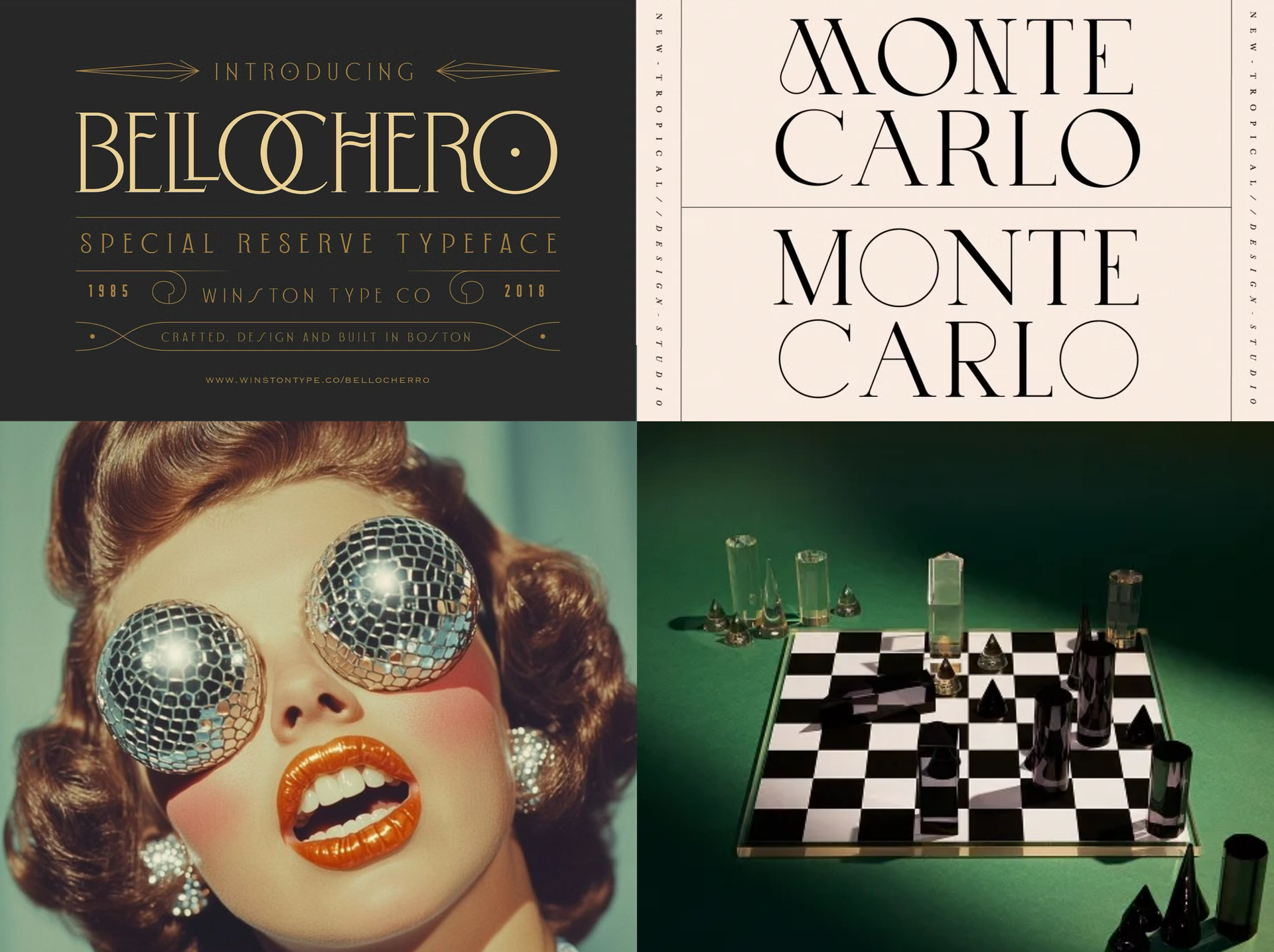 Collection of four images: gold text design, Monte Carlo text design, woman with disco ball eyes, chess set.