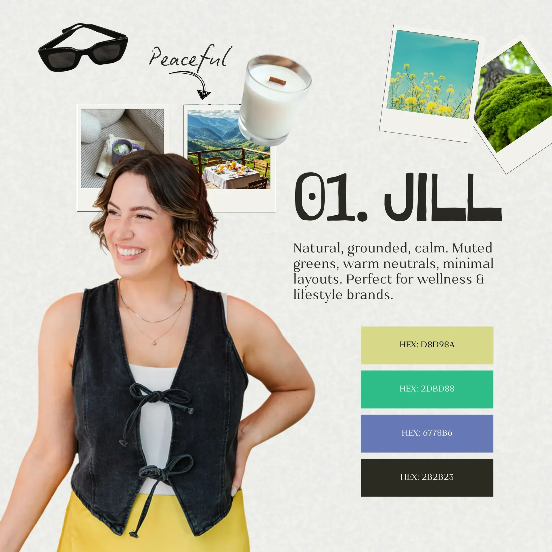 Woman with design board including a candle, sunglasses, photos, colour palette, and text: