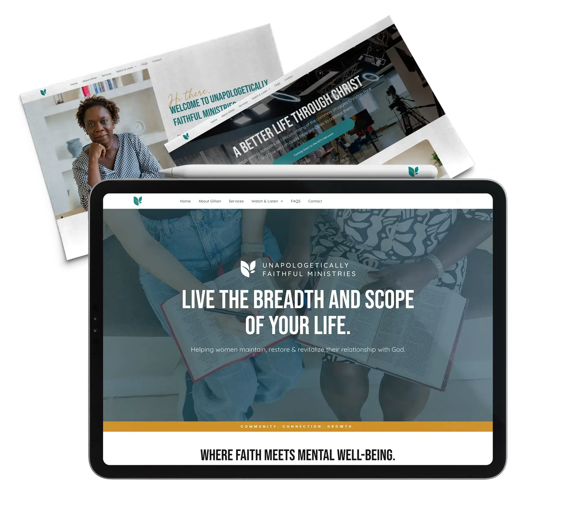 An ipad, ipad penil, and two images of the Unapologetically Faithful website.