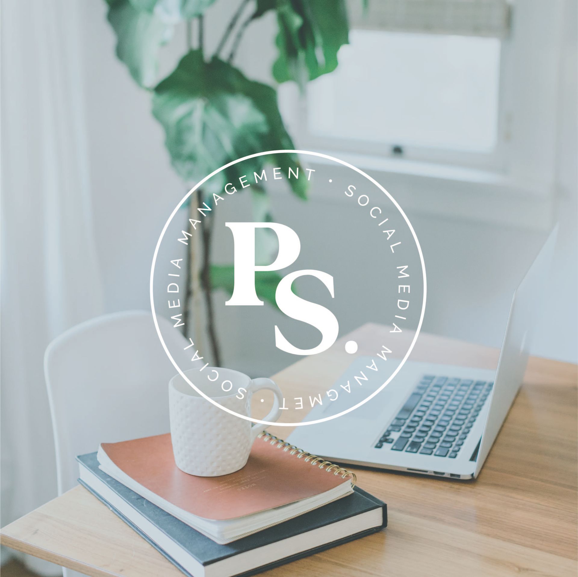 A logo for ps social media management sits on a desk
