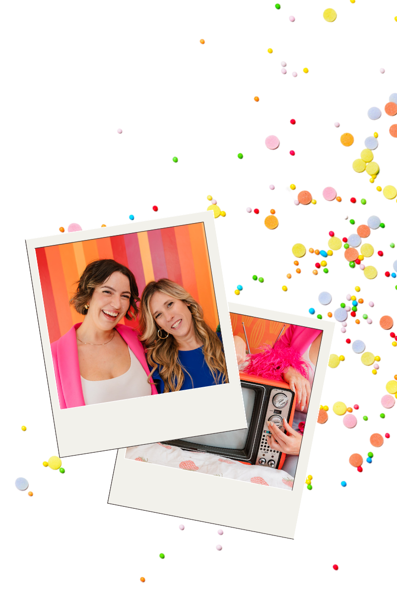 Smiling friends in overlapping Polaroid-style photos with colorful confetti on a white background