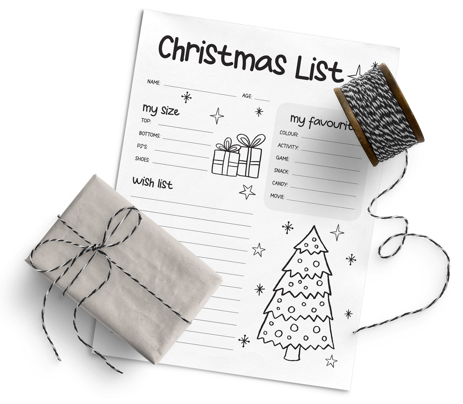 Christmas list with a wrapped gift and spool of twine.