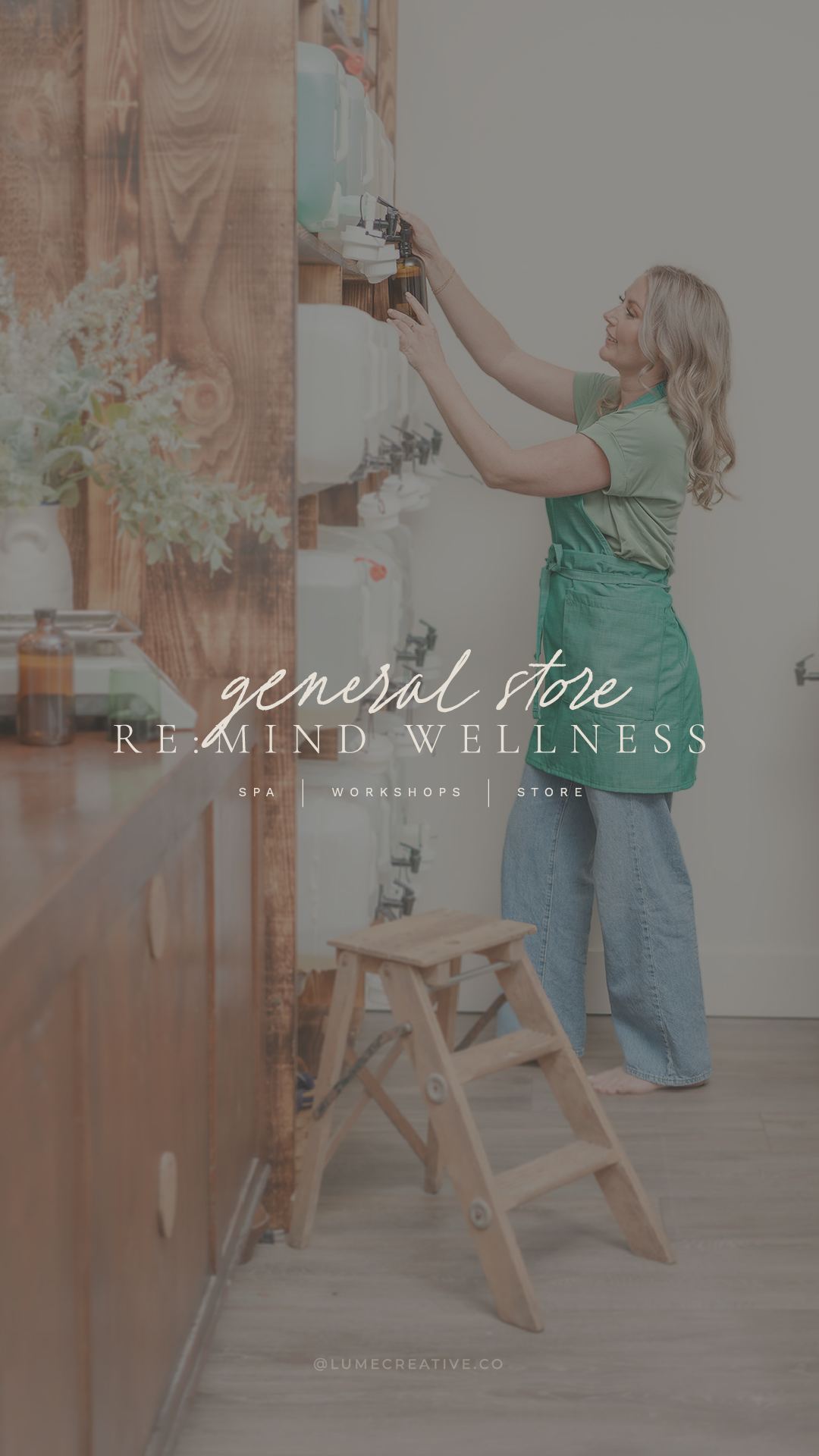 A woman is standing on a ladder in a general store.