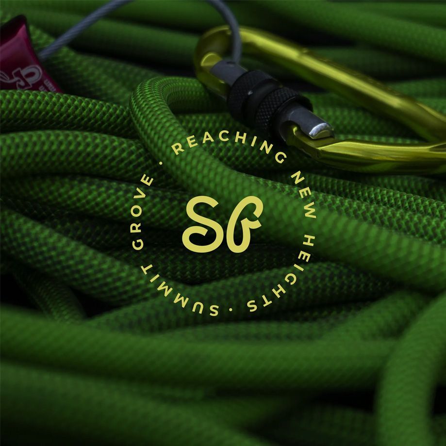Green carabiners with a logo that reads