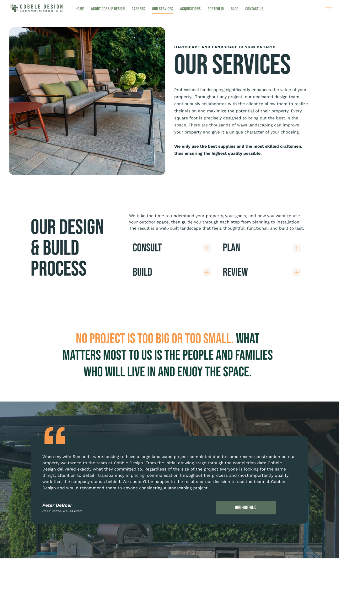 Cobble Design Inc. website page featuring landscape design services and a completed patio project