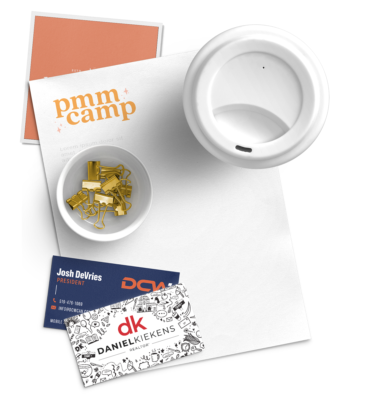 A business card is on a piece of paper next to a cup of coffee.