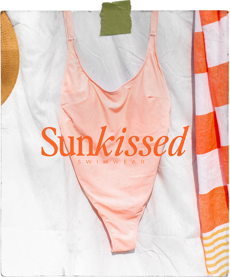 A pink swimsuit with the word sunkissed on it