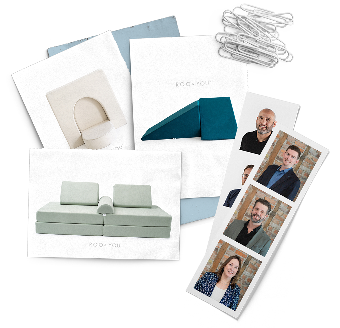 A stack of cards with pictures of a couch and people on them