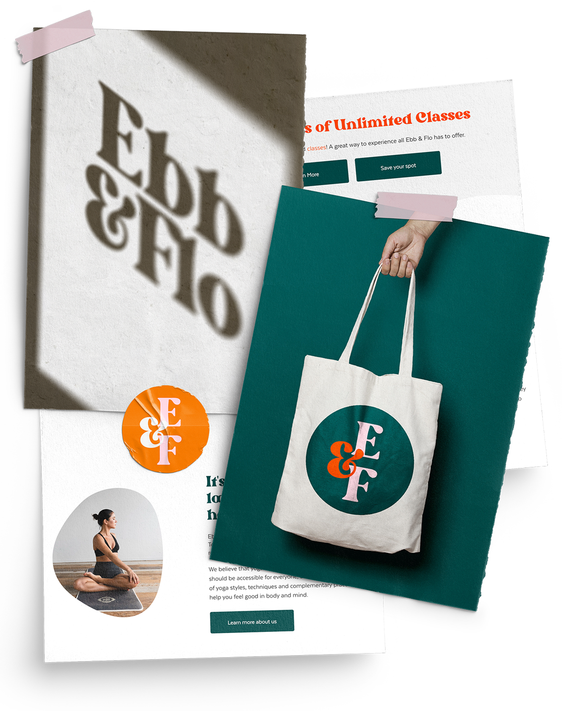 A person is holding a tote bag next to a sign that says eb & flo