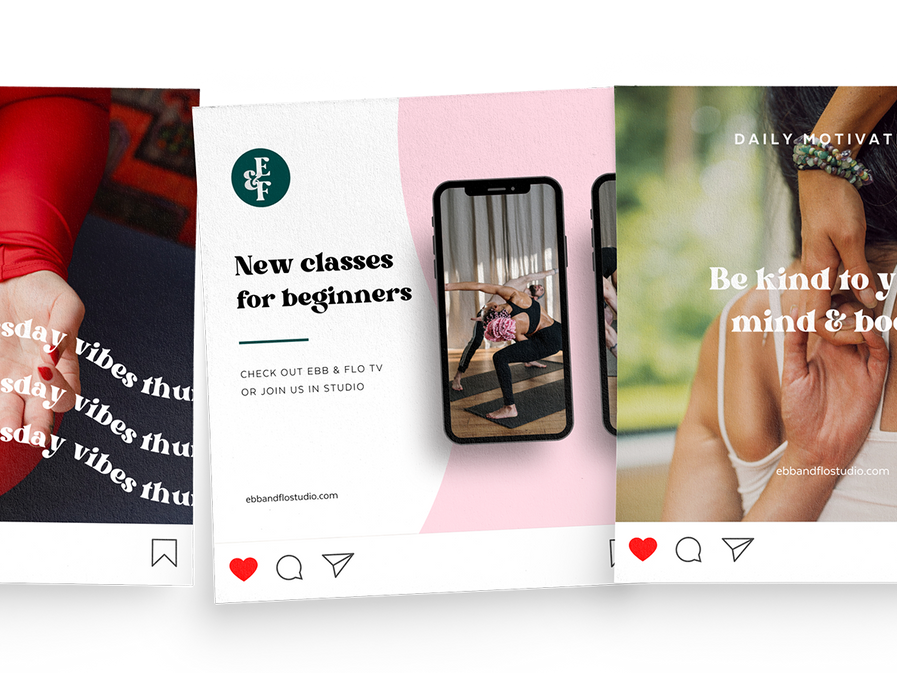 A collage of social media posts for a yoga studio.