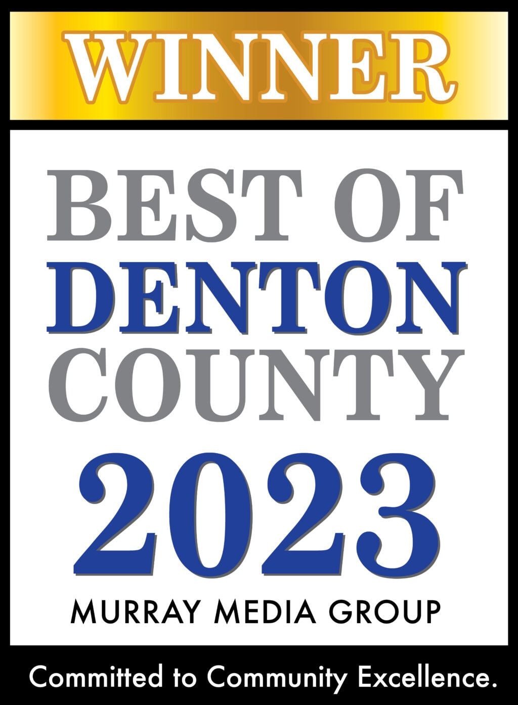 Winner badge for Best of Denton County 2023, with gold, blue, and white text.
