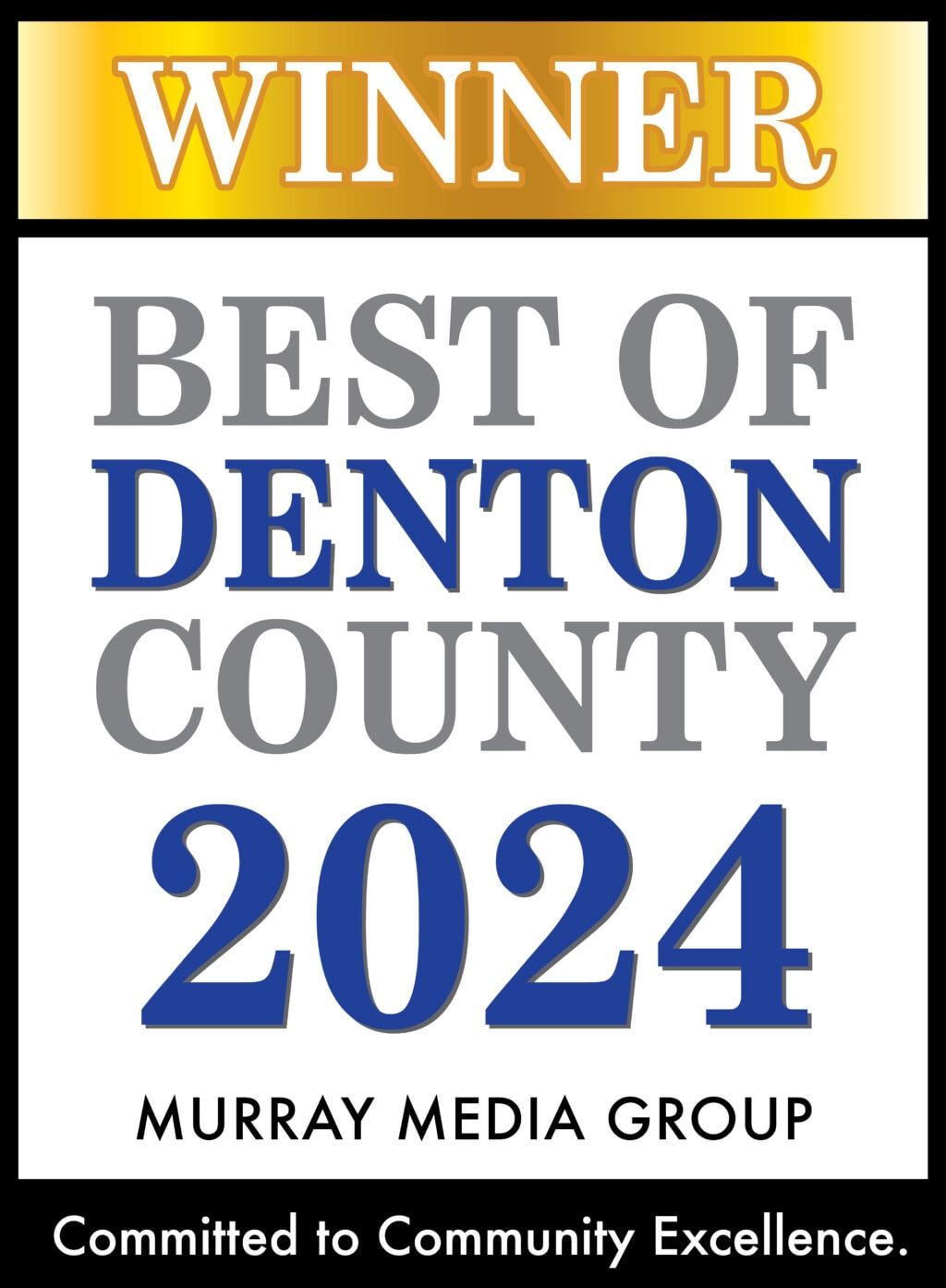 Best of Denton County 2024 winner badge with gold, blue, and white text