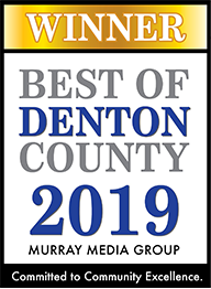 Winner Best of Denton County 2019 badge for Murray Media Group, gold and blue with black border