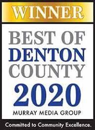 Winner badge reading “Best of Denton County 2020” with Murray Media Group logo and “Committed to Community Excellence.”