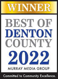 Winner badge reading “Best of Denton County 2022” by Murray Media Group, gold and blue.