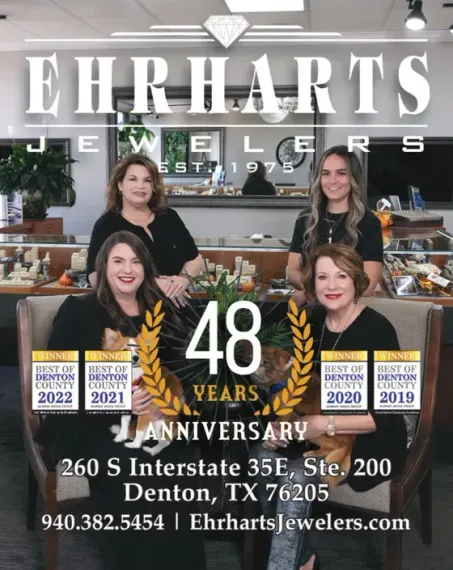 Ehrhart’s Jewelers anniversary ad with four staff in-store and “48 years” celebration details