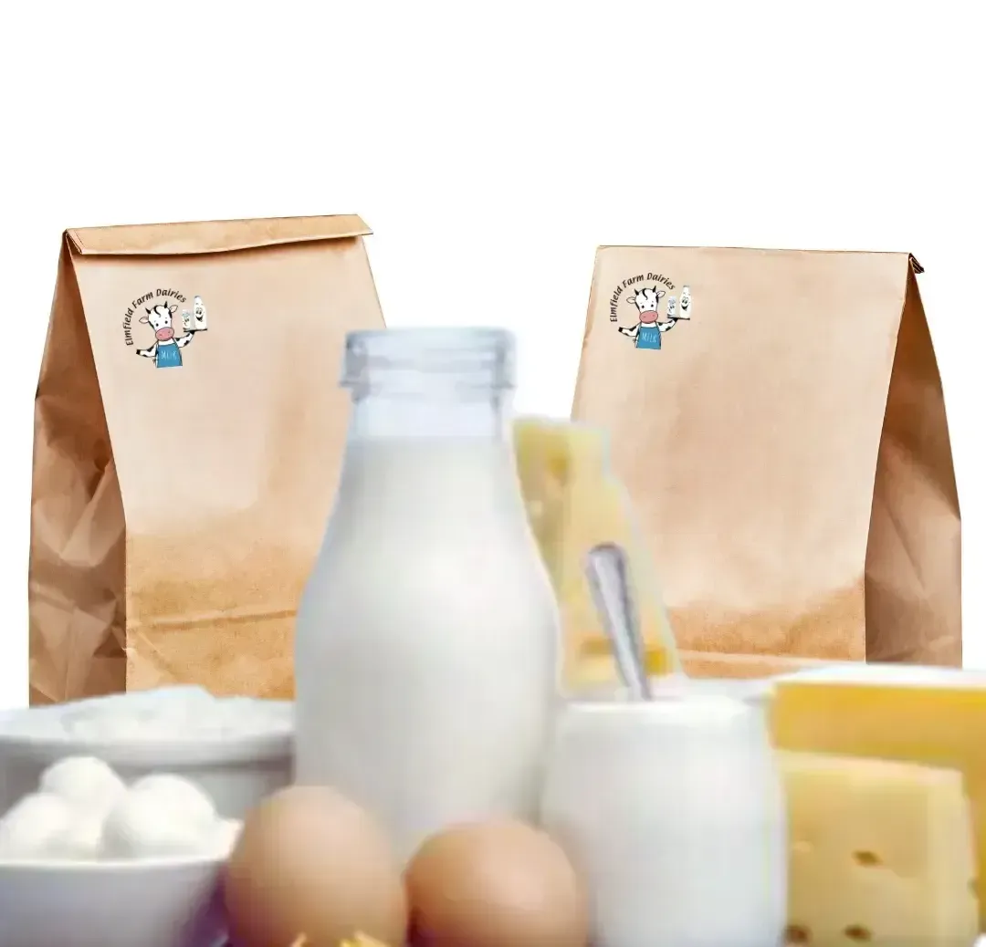 A fresh delivery of milk products including a bottle of milk, eggs, cheese, and yogurt placed in front of eco-friendly paper bags.
