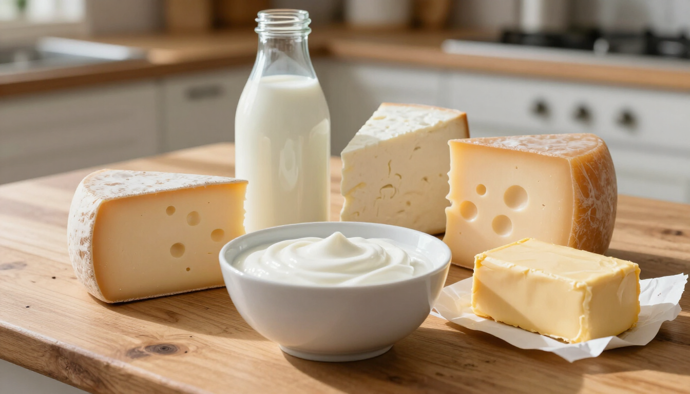 Assorted cheeses, a bottle of milk, and a bowl of yogurt on a wooden kitchen counter