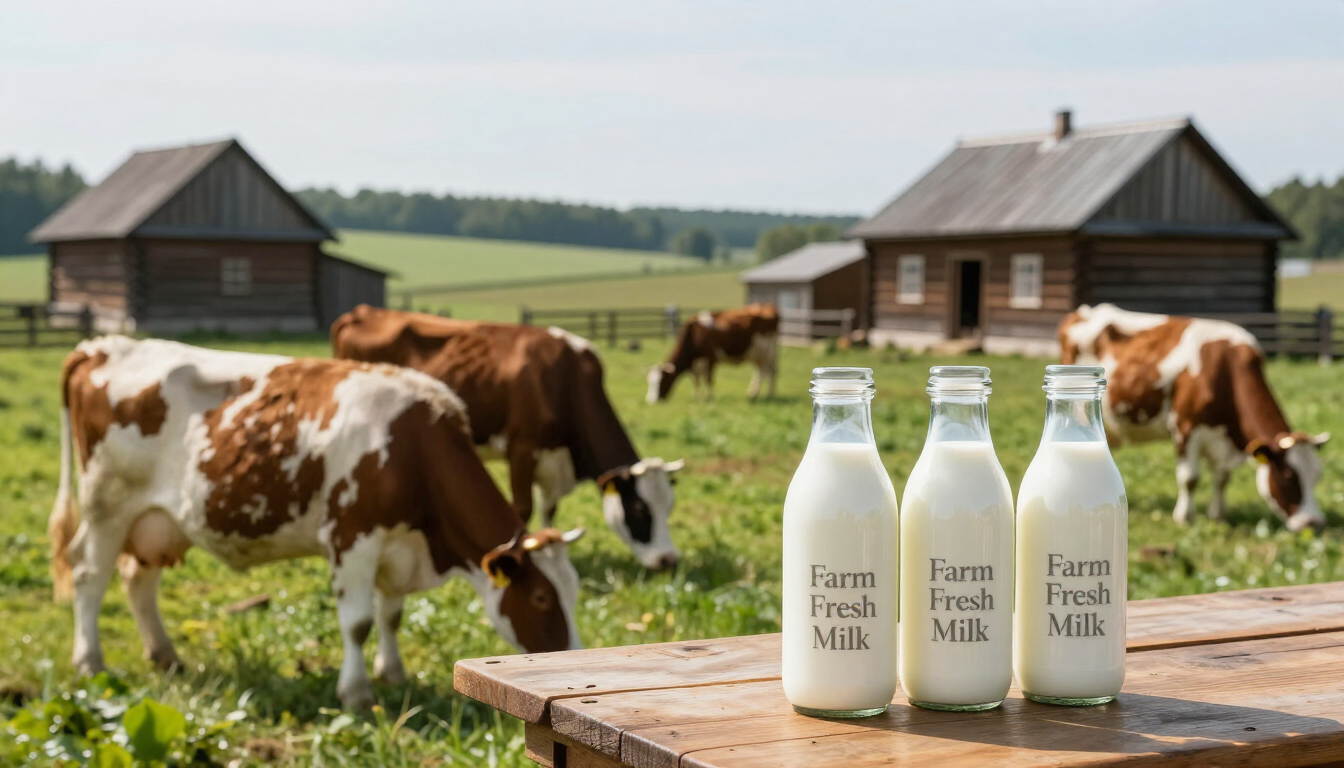 Three milk bottles on a wooden table with cows grazing outside rustic barns in a sunny pasture.