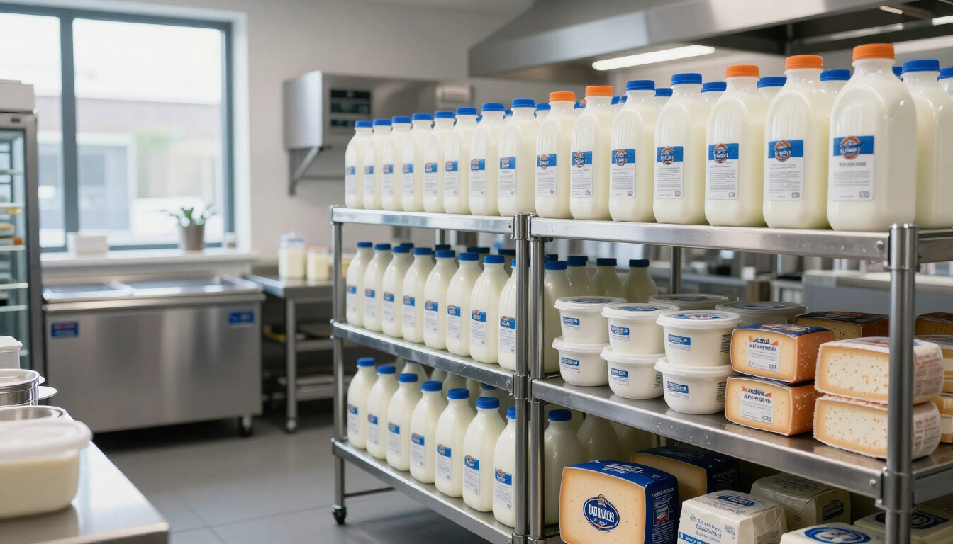 Commercial kitchen storage shelves stocked with milk jugs and tubs of dairy products