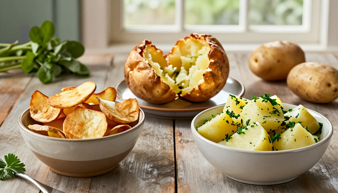 Three bowls of baked potato sides on a rustic table, with herbs and potatoes in the background