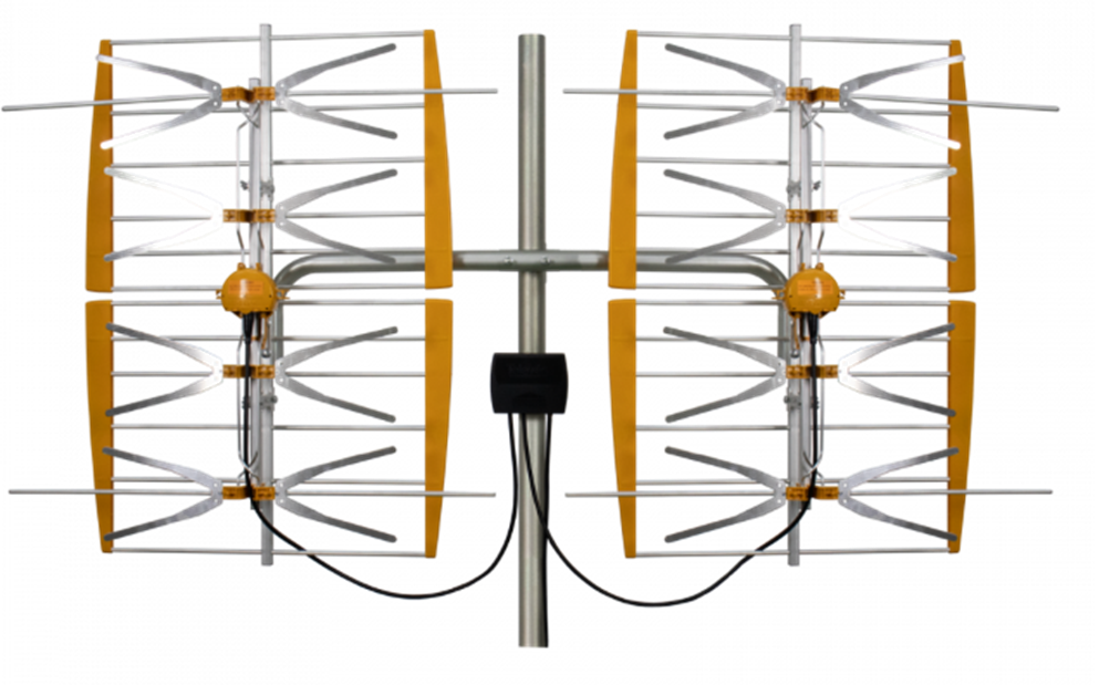 Multi-directional outdoor TV antenna with silver and yellow elements, mounted on a pole.