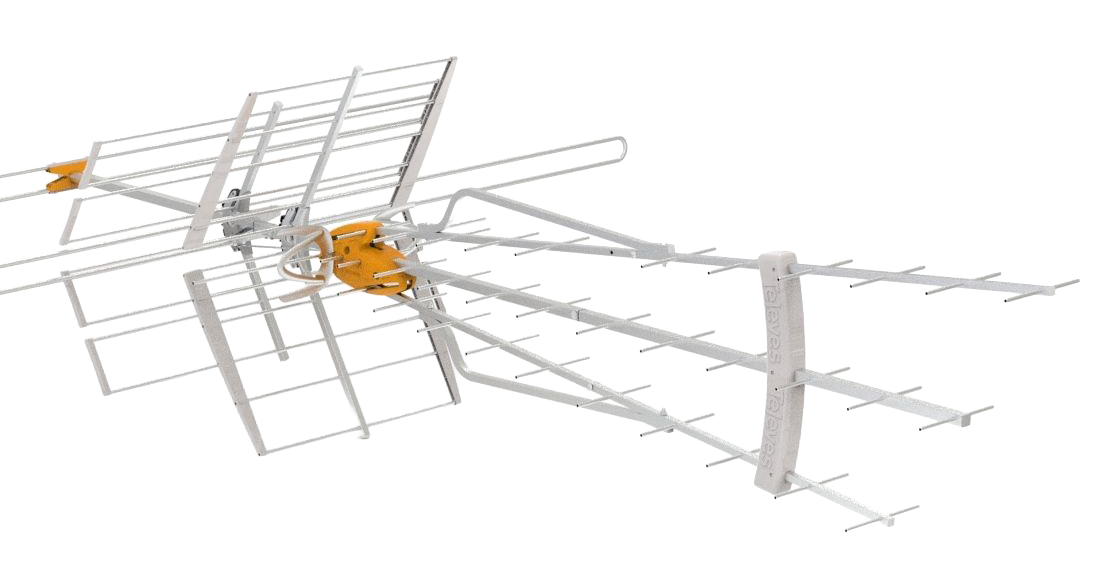 Outdoor TV antenna, silver and yellow, designed to receive broadcast signals.