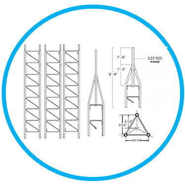 Diagram of metal shelving components: uprights, side view of a triangular support frame, and dimensions.