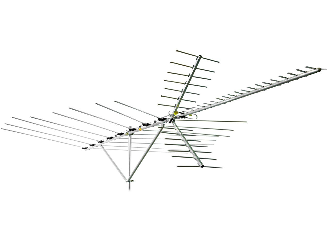 Silver outdoor television antenna with multiple elements, for receiving over-the-air broadcast signals.