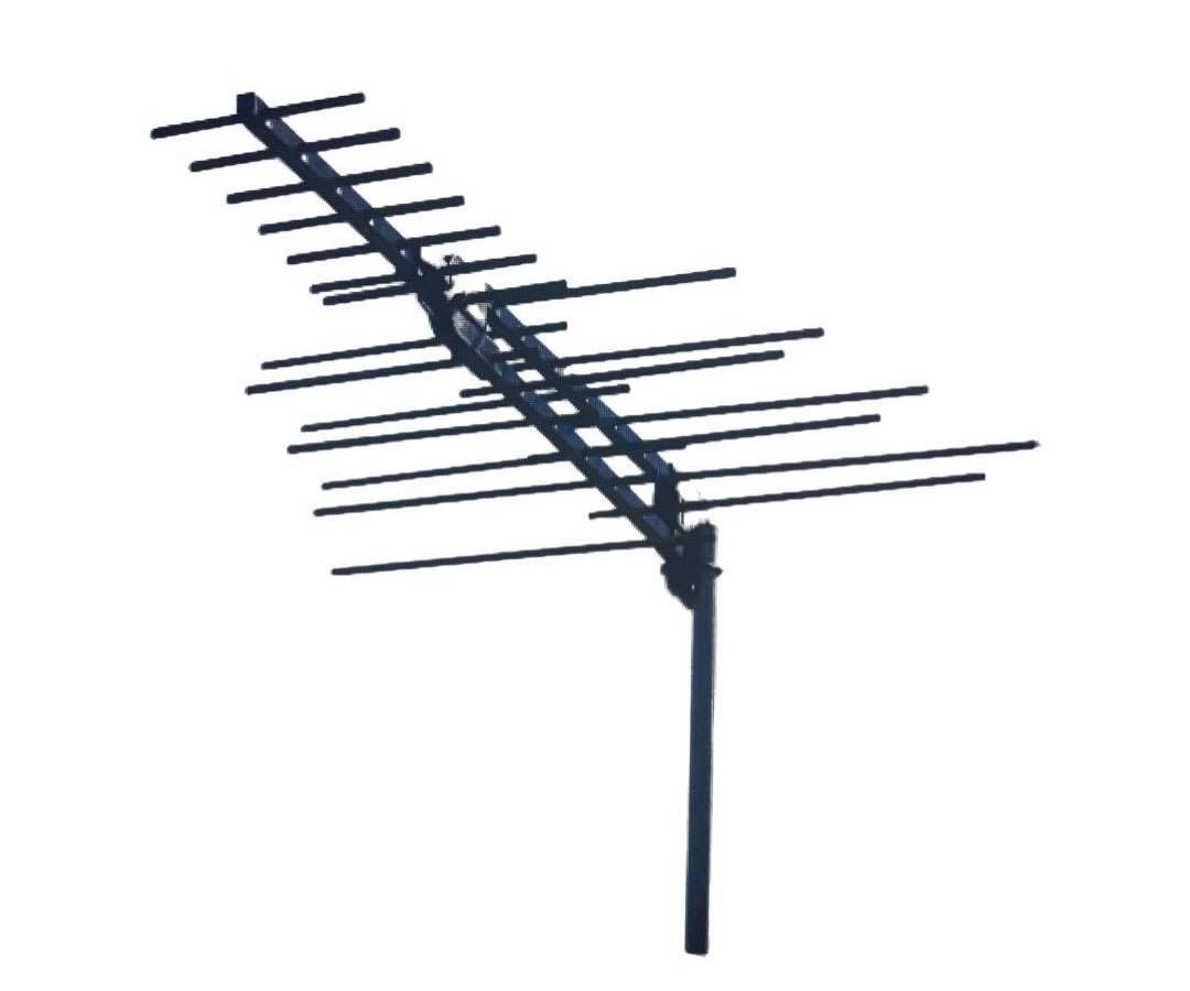 Black Yagi TV antenna mounted on a pole, with multiple horizontal rods.