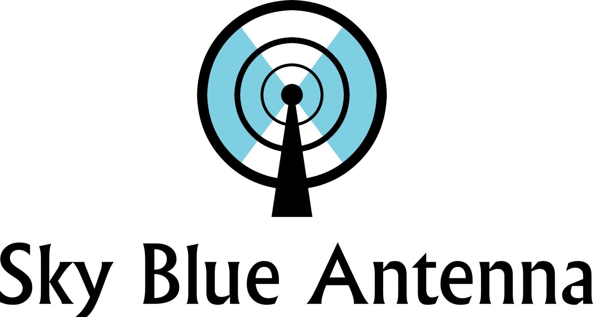 Sky Blue Antenna logo: Black antenna shape with blue signal rings. Text