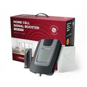 Cell signal booster kit with box, indoor and outdoor antennas.