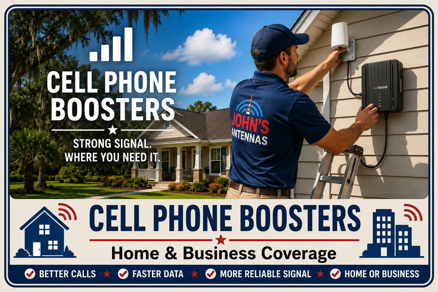 Cell phone boosters ad with technician installing an outdoor antenna on a house; blue and white “Cell Phone Boosters” branding.