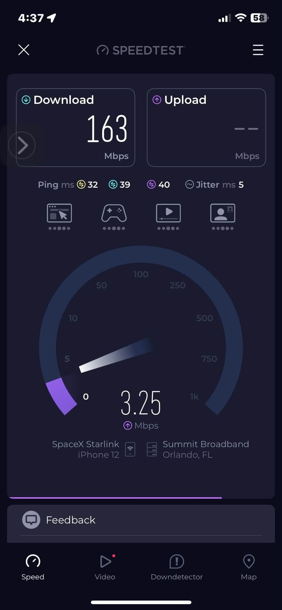 Starlink speed test showing 163 Mbps download and 32 ms ping during an Ocala Florida thunderstorm