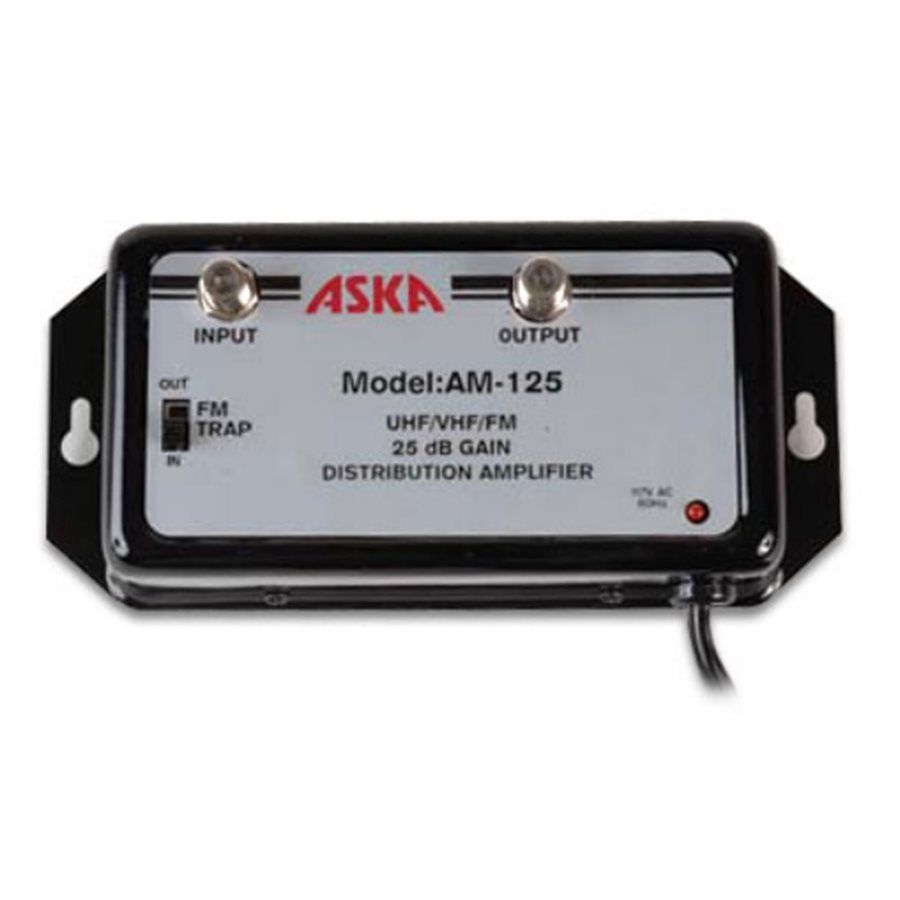 Black rectangular Aska AM-125 amplifier with input, output, and FM trap labels.