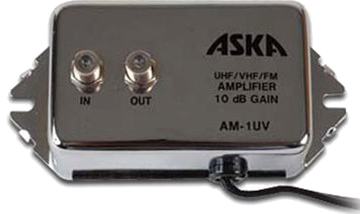A silver ASKA AM-1UV UHF/VHF/FM amplifier with coaxial connectors labeled 
