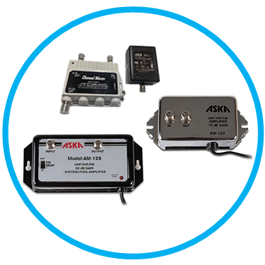 A selection of electronic devices, including amplifiers and splitters, within a blue circle.