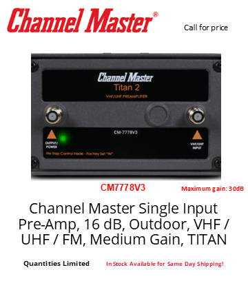 Channel Master pre-amp, Titan 2 model, for VHF/UHF/FM outdoor use. Features green power light.