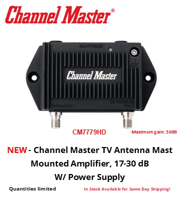 Channel Master TV antenna mast amplifier, black box with two connectors, model CM7779HD, power supply included.