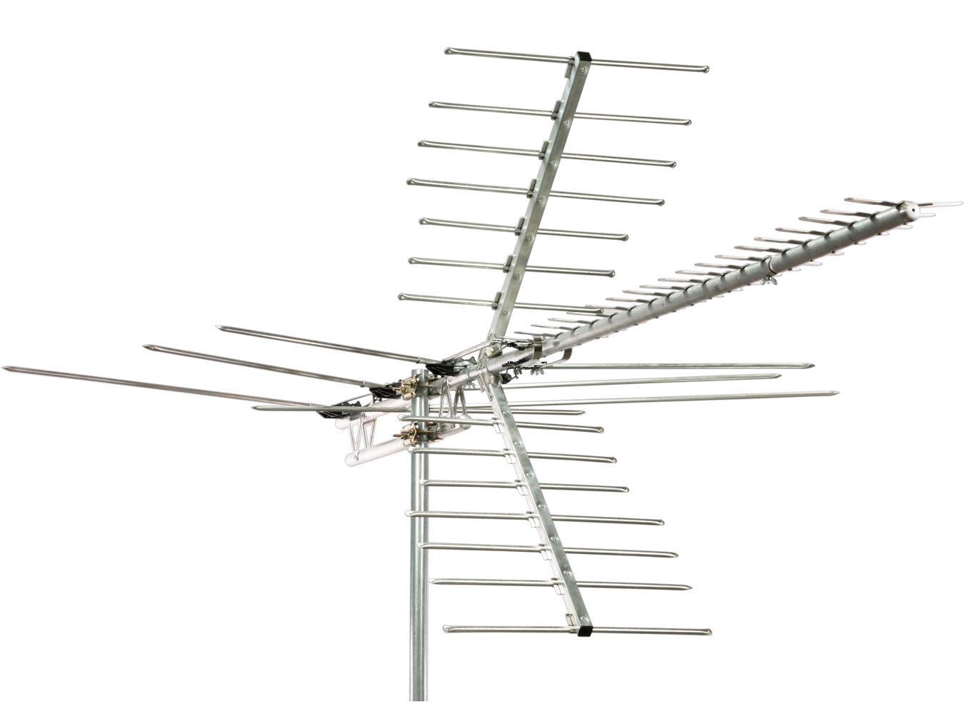 Multi-directional outdoor television antenna. Silver, with multiple horizontal and angled rods. Mounted on a pole.