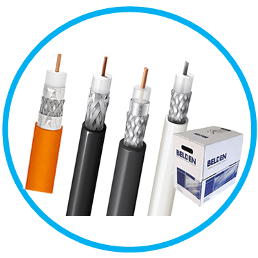 Coaxial cables of varying colors (orange, black, and white) and a box of Belden cables inside a blue circle.