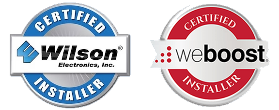 Certified installer badges for Wilson Electronics and weBoost, blue and red circular logos