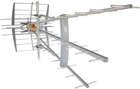 Outdoor television antenna, silver metal with many bars and a central core.