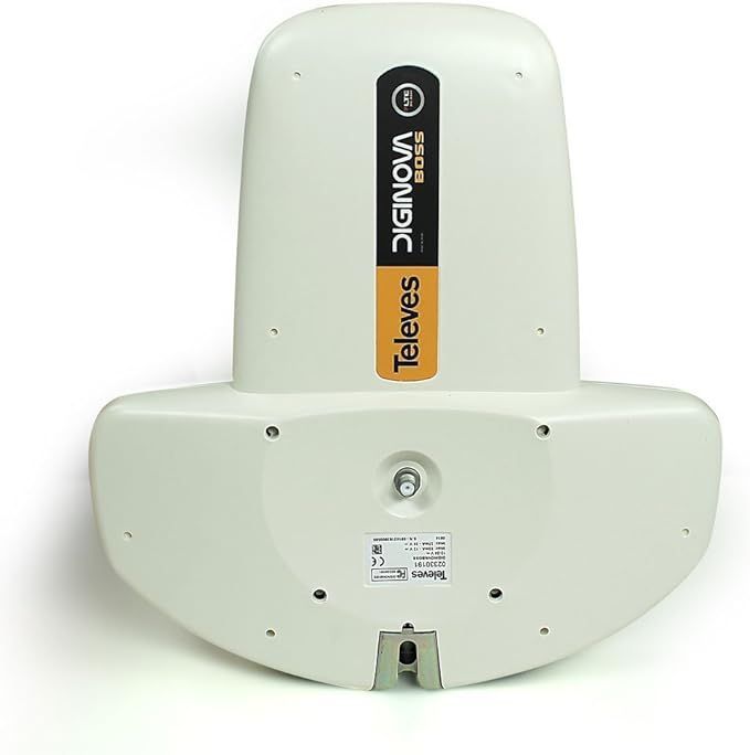 White Televes Diginova antenna for receiving television signals, mounted on a surface.