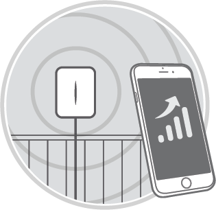Smartphone showing signal strength increasing, next to a signal box and antenna rings.